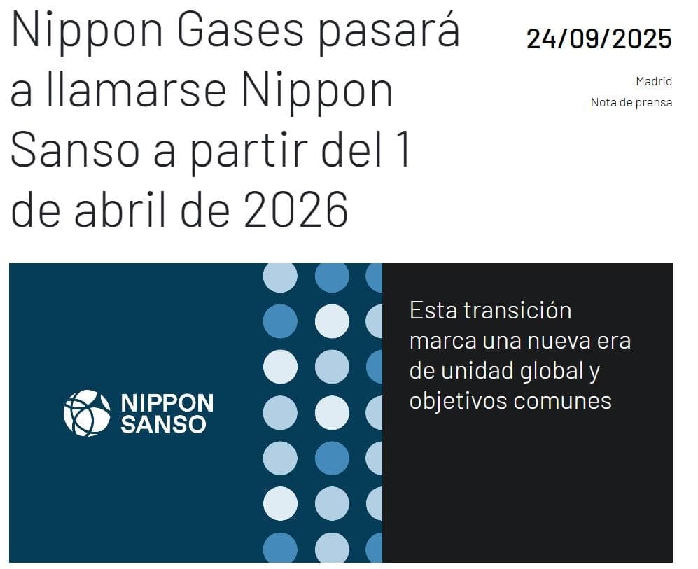 Nippon Gases pasará a llamarse Nippon Sanso a partir del 1 de abril de 2026